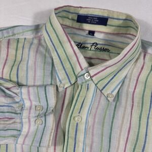 Alan Flusser Shirt Men's XL Colorful Striped Preppy 100% Linen‎ Button Up L/S